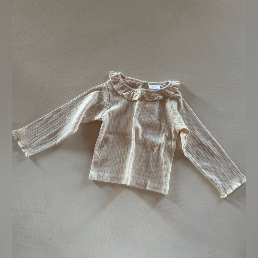 Zara Cream Peterpan ruffle neck pointelle long sleeve knit shirt